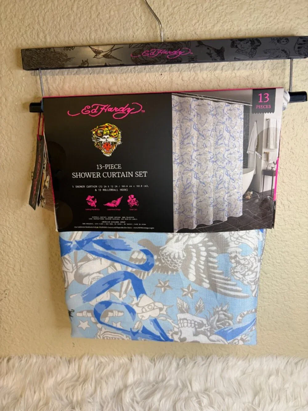 Ed Hardy Tiger Skull Tattoo Blue Shower Curtain 13 Piece Hook Set 72x72 NWT